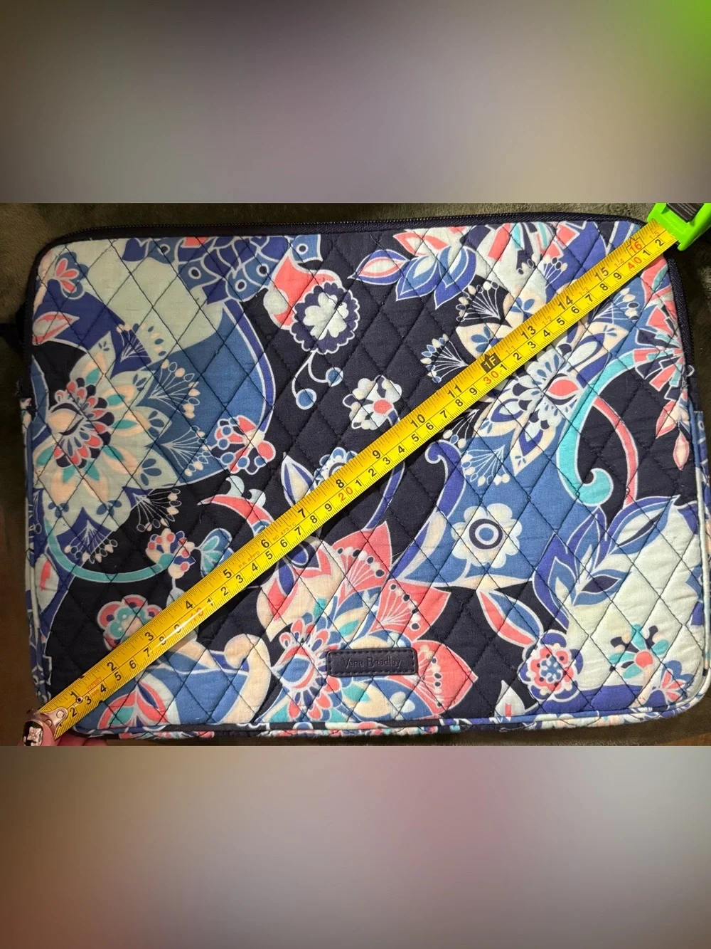 Vera Bradley Navy Floral Quilted Laptop Sleeve with Coral & Sky Accents